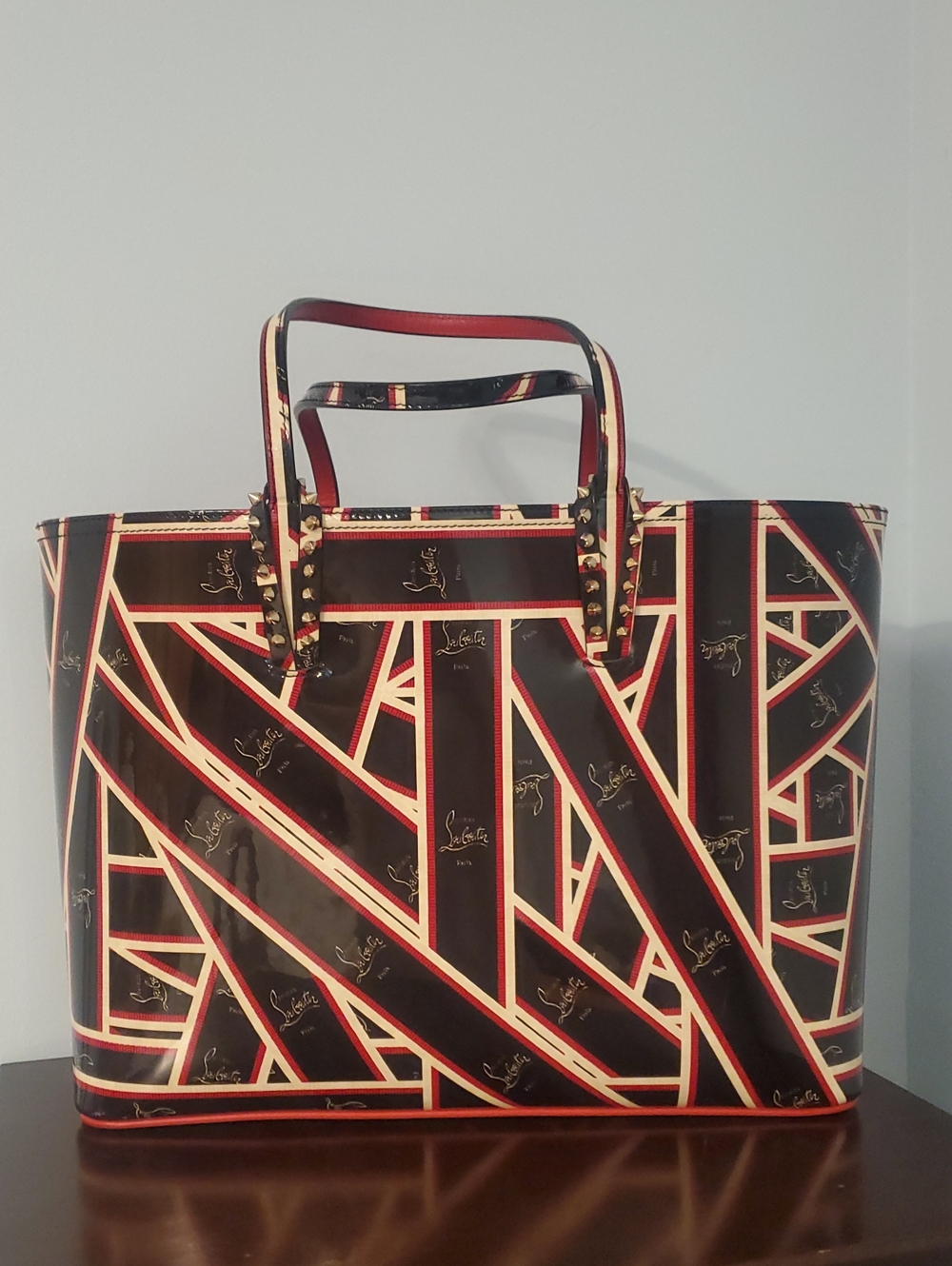 Christian Louboutin Black, Red & Cream Geometric Patent Tote
